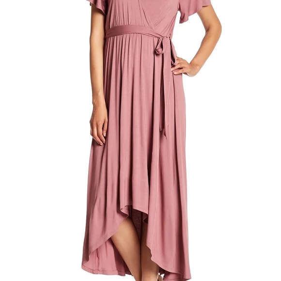 WEST KEI Flutter Sleeve High/Low Wrap Dress in Mauve - Picture 1 of 7